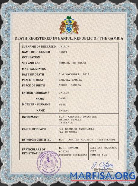 Realistic Gambia death certificate PSD template